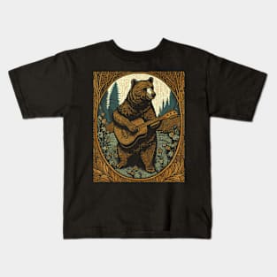 Bear Playing Guitar Vintage Cottagecore Cute Music Kids T-Shirt